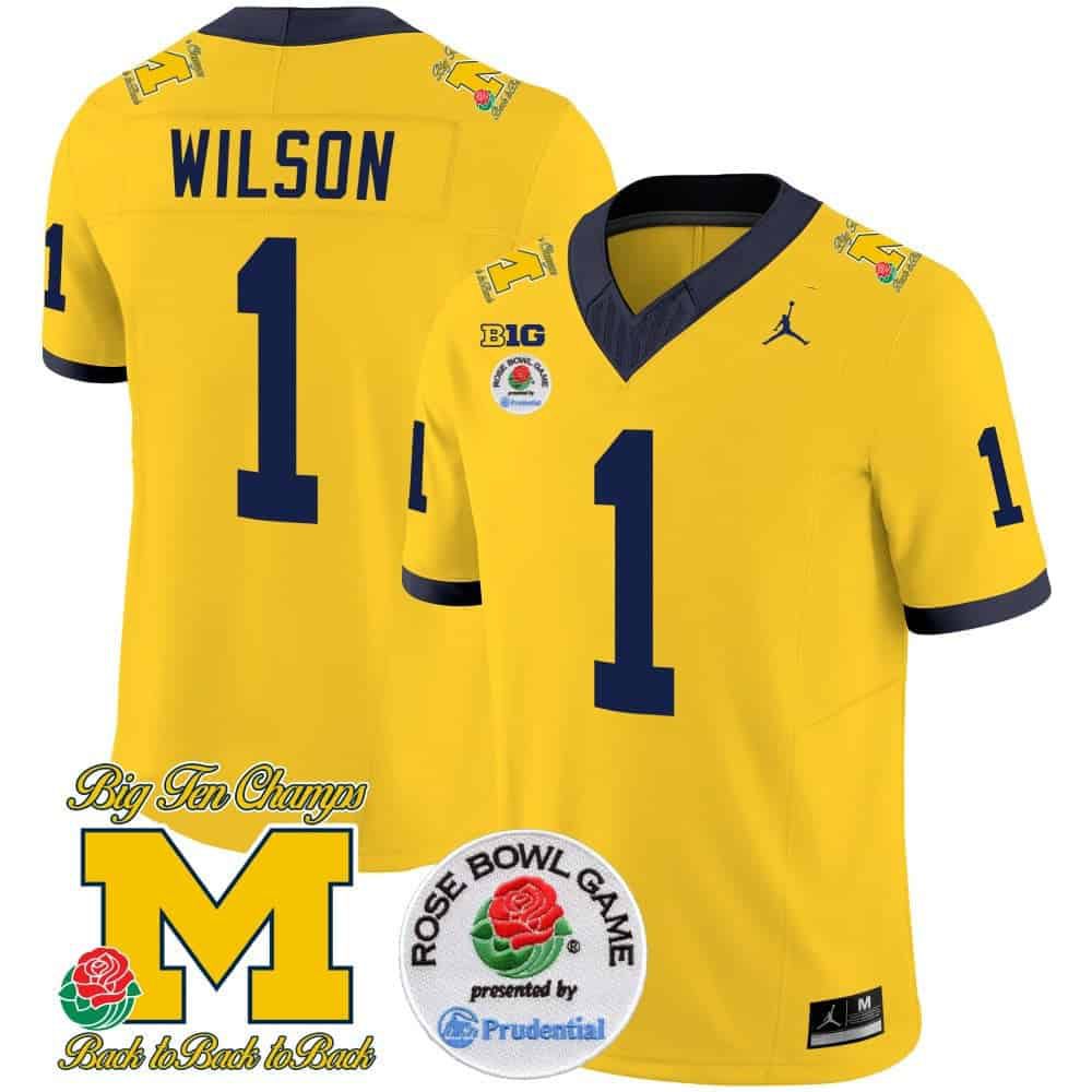 Men Michigan Wolverines 1 Wilson Yellow 2024 Rose Bowl Patch Vapor Limited NCAA Jersey